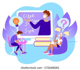  Home education online.  E-learning on quarantine. Students in face masks watch a lecture given by a teacher on a  monitor and study. Stock vector flat illustration isolated on white background.