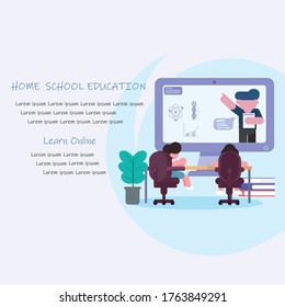Home education online , E-learning watch a lecture given by a teacher on a computer monitor and study,preschoolers at distance learning,  vector flat illustration