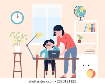 Home education, parent teaching child. Mother explain homework to son in living room. Family lesson, studying reading together, recent vector scene