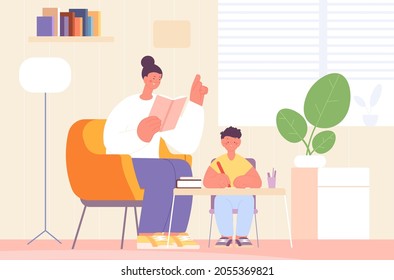 Home education with parents. Excited teaching lifestyle, parent teach kid. Family study together, distance learning or support in homework utter vector scene