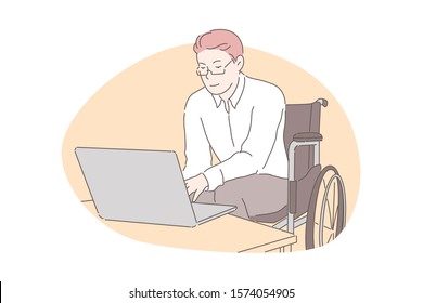 Home education, remote job, accessibility concept. Young freelancer, company employee, handicapped businessman working with laptop, disabled college student surfing internet. Simple flat vector