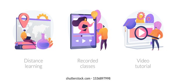 Home education, remote university graduation, online educational materials icons set. Distance learning, recorded classes, video tutorial metaphors. Vector isolated concept metaphor illustrations