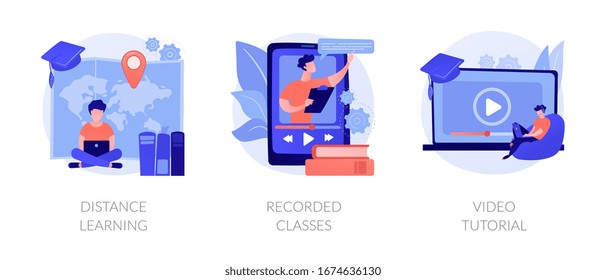 Home education, remote university graduation, online educational materials icons set. Distance learning, recorded classes, video tutorial metaphors. Vector isolated concept metaphor illustrations