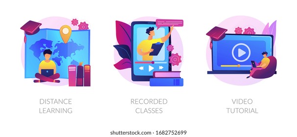 Home education, remote university graduation, online educational materials icons set. Distance learning, recorded classes, video tutorial metaphors. Vector isolated concept metaphor illustrations