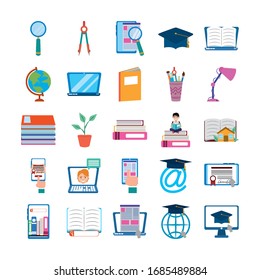 home education school learn supplies icons set vector illustration flat style icon