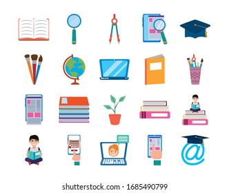 home education school learn supplies icons set vector illustration flat style icon