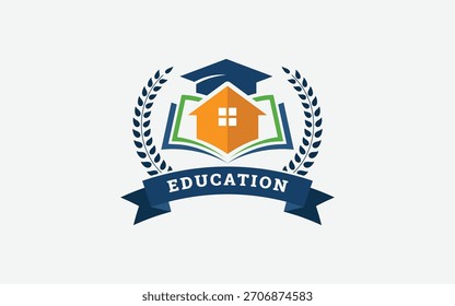 Inicio Educación Escuela Vector Logo Ilustración, libro de la casa y emblema del casquillo de la graduación con Laurel Wreath