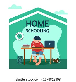 Home education, security guarantee, school student learns at home. Vector illustration on a white background in a flat style.