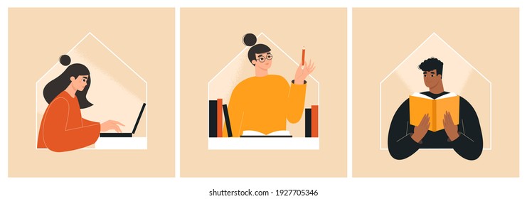 Home education set. Group of students studying online. Homeschooling, elearning, distance learning concept. Collection of people taking online courses. Isolated trendy vector illustrations