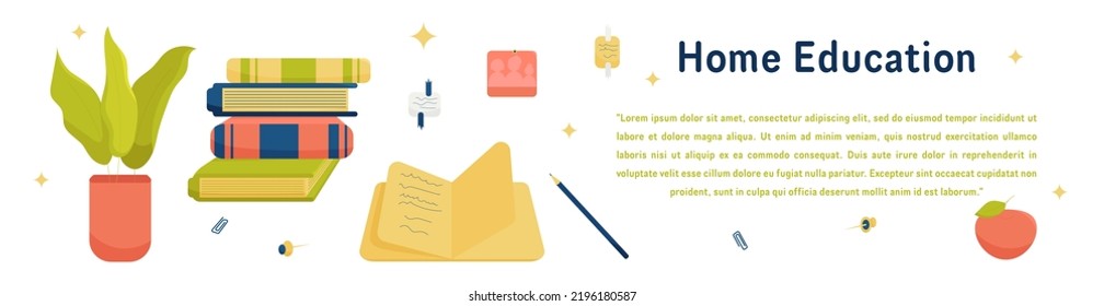 Home Education Vector Banner With Books, Home Plant, Note Pad, Apple and Other Objects. Perfect for Websites, Social Media, Printed Materials, etc.