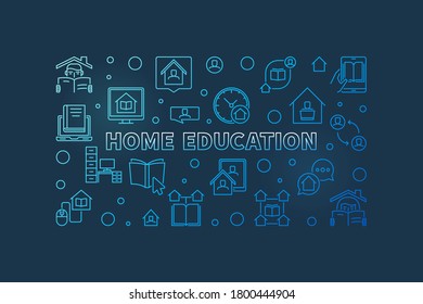Home Education vector concept blue linear horizontal banner or illustration on dark background
