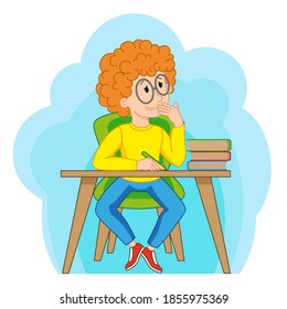 Home education. Vector curly-haired red-haired boy sits at the table and does his homework.