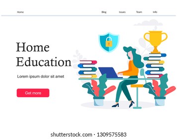 Home education  web page  training  language courses  E-learning, young woman sitting home at computer  education apps,online training courses - Vector 