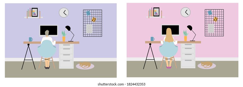 Heimunterricht, Arbeit zu Hause, Selbstisolierung, Schulort für Jungen und Mädchen. Moderner gemütlicher Arbeitsplatz mit Holztisch, Laptop, Schreibtischlampe, Bücherregal, Ordnern, Pflanzen, Uhr, etc. Vektorgrafik 