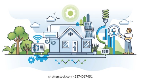 Home efficiency solutions with effective resource consumption outline concept. Save electricity with modern low energy appliances and effective house insulation vector illustration. Green household.