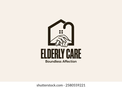 Home for the elderly logo design with the concept of two human hands holding a walking stick