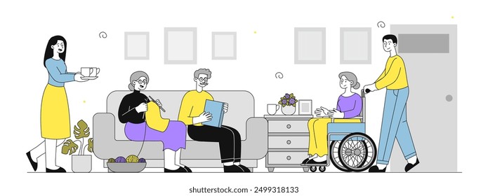 Home for elderly people. Grandmothers and granfathers at wheelchair in nursing home. Support and help for old men and women. Health care and medicine. Linear vector illustration