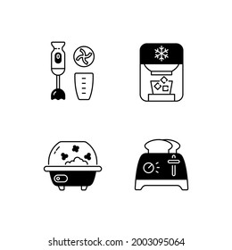 Home electric appliances black linear icons set. Immersion blender. Toaster to prepare bread slices. Electronic technology for cookery. Glyph contour symbols. Vector isolated outline illustrations