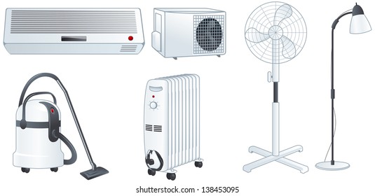 Home electric appliances set: air conditioner, fan, floor lamp, vacuum cleaner, oil heater. Isolated vector illustrations