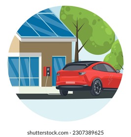 Home electric charging. Electric car with charging station. The concept of charging an electric car. The electric car is connected to a wall charger. Isolated vector illustration