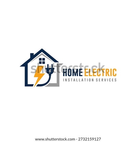 Home electric installation services logo design featuring a house silhouette with a lightning bolt and power plug icon. Professional vector illustration for electrical maintenance, residential wiring, and energy service companies.