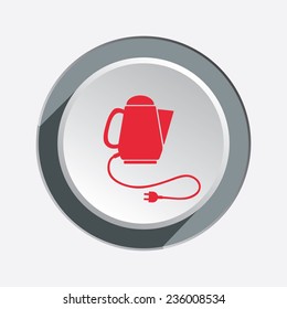 Home electric kettle. Sale icon. Kitchen equipment with two-pin plug. Round circle 3d button with shadow. Vector