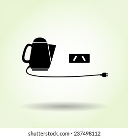 Home electric kettle with two-pin plug and Australian, Argentina socket base icon. Black sign with shadow on light green. Kitchen equipment. Vector isolated