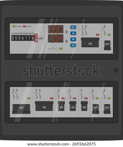 Home electrical panel with energy meter and circuit breakers. Vector fusebox panel on transparent background