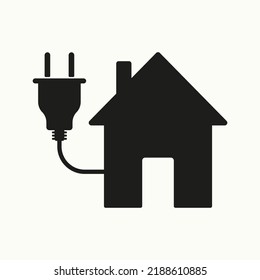 Home with electrical plug. Vector illustration. Power supply, wiring, wire, electrical appliance, charge device, socket, battery, accumulator. Technology concept. Vector line icon for Advertising.