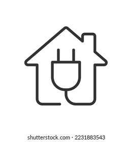 Home electricity power. House and electric plug line icon isolated on white background. Vector illustration