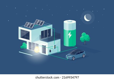 Home electricity scheme with battery energy storage system power modern house at night. photovoltaic solar panels and rechargeable li-ion backup. Electric car charging on renewable off-grid system.