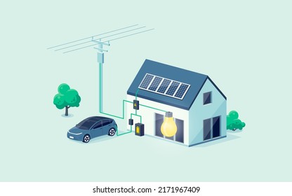 Sistema de electricidad en el hogar con sistema de almacenamiento de energía de baterías en paneles solares fotovoltaicos modernos y respaldo recargable de li-ion. Cargador eléctrico de coches en sistemas de alimentación inteligente renovable fuera de la red.