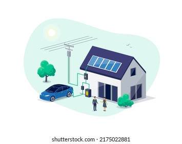 Home electricity scheme with battery energy storage system on modern house photovoltaic solar panels and rechargeable li-ion backup. Electric car charging on renewable smart power off-grid system.