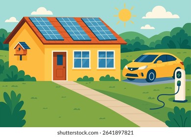 Home electricity scheme with battery energy storage system on modern house photovoltaic solar panels and rechargeable li-ion backup. Electric car charging on renewable smart power off-grid system.
