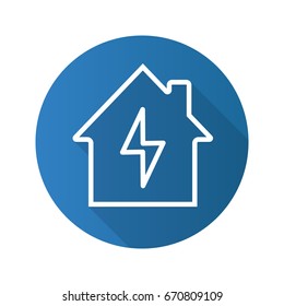 Home electrification flat linear long shadow icon. Electric utilities. House with lightning bolt inside. Vector outline symbol