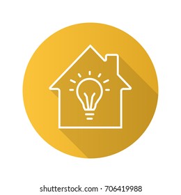 Home electrification flat linear long shadow icon. House with light bulb inside. Vector outline symbol