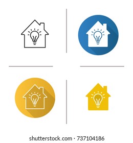 Home electrification icon. Flat design, linear and glyph color styles. House with light bulb inside. Isolated vector illustrations