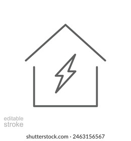 Home electrification icon. Simple outline style. House with lightning bolt, electric, construction, light, building, energy concept. Thin line symbol. Vector illustration isolated. Editable stroke.