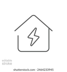 Home electrification icon. Simple outline style. House with lightning bolt, electric, construction, light, building, energy concept. Thin line symbol. Vector illustration isolated. Editable stroke.