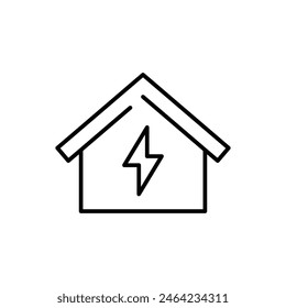 Icono de electrificación del hogar. Estilo de contorno simple. Casa con relámpago, eléctrica, construcción, luz, edificio, concepto de energía. Símbolo de línea fina. Ilustración vectorial aislada.