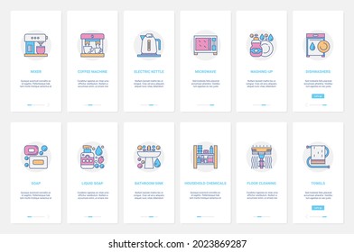 Home electronic appliances for kitchen and cleaning house vector illustration. UX, UI onboarding mobile app page screen set with line coffee machine microwave dishwasher household chemicals mixer