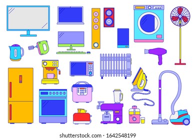 Home electronic appliances, set of isolated household items in flat line style, vector illustration. Electronic appliance for house and apartment. Washing machine, refrigerator, microwave oven and fan