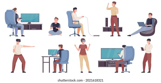 Home electronic entertainment flat set of people gaming with vr glasses and watching movie using theater system isolated vector illustration