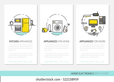 Home Electronics Appliances Business Brochures Template in Thin Line Style with TV set, Refrigerator and Coffee Maker. Vector illustration