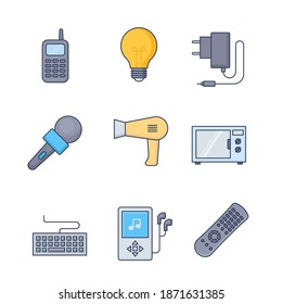 Home electronics appliances circle infographics template concept. Icons design for your product or design, web and mobile applications. Vector flat with long shadow illustration on blue background