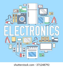 Home electronics appliances circle infographics template concept. Icons design for your product or design, web and mobile applications. Vector flat thin linesoutline illustration on blue background