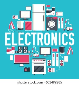 Home electronics appliances circle infographics template concept. Icons for your product or design, web and mobile applications. Vector flat with long shadow illustration on white background