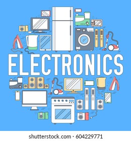 Home electronics appliances circle infographics template concept. Icons design for your product or design, web and mobile applications. Vector flat thin linesoutline illustration