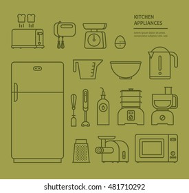 Home electronics appliances household icons set, thin line. Small kitchen appliances. Collection icons design for your product or design, web and mobile applications