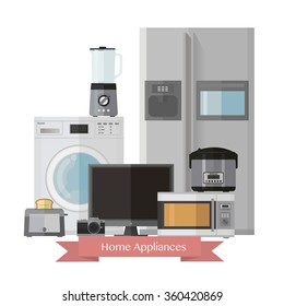 Home electronics appliances.Set of household technics:Microwave,fridge,Washer,blender,TV,camera,toaster,Multicooker.